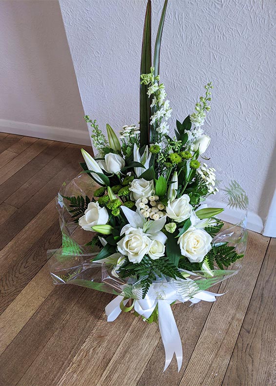 Oadby florist, Wigston florist, White rose and lily, vertical handtied bouquet