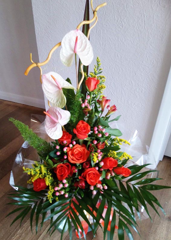 Oadby florist, Wigston florist, Anthurium, orange rose berry, architectural bouquet, vertical