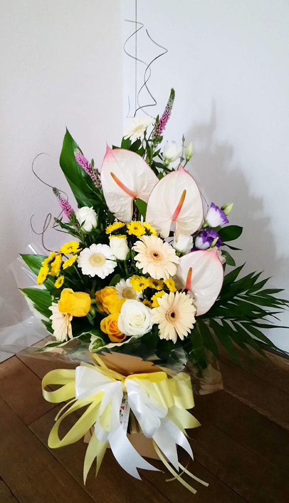 Oadby florist, Wigston florist, Anthurium and gerbera, vertical handtied bouquet
