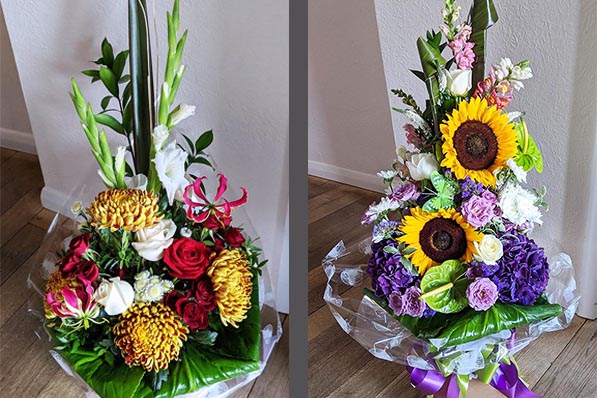 Oadby florist, Wigston florist, vertical handtied bouquets, showing colouful flowers