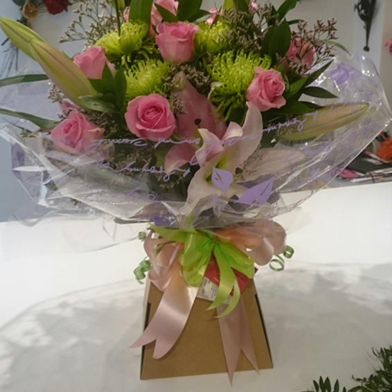 Oadby florist, Wigston florist,Green bloom chrysanthemums, pink roses, white stargazer lilies, large handtied bouquet