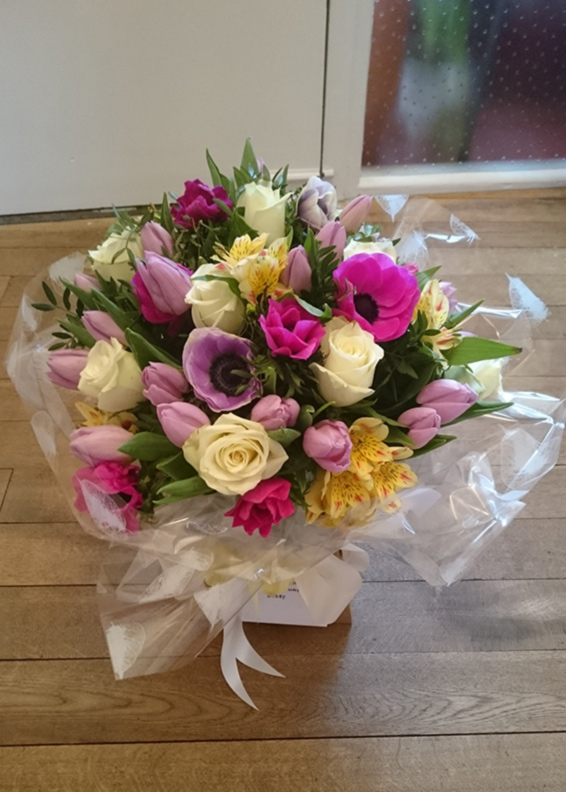 Oadby florist, Wigston florist, Pastel anemones, white roses, pink tulips, alstrosemeria, large handtied bouquet
